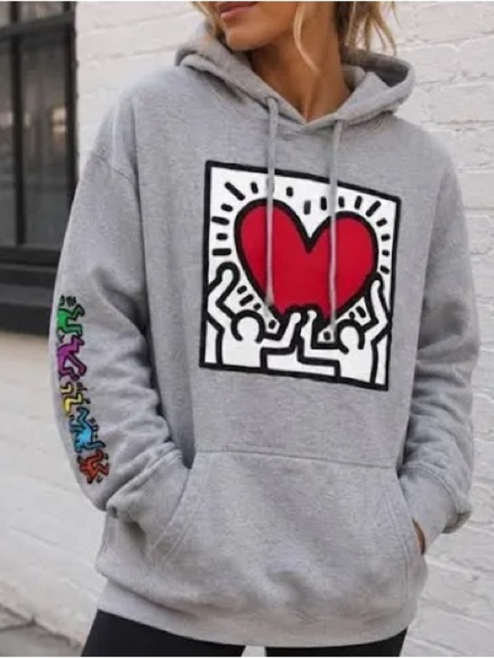 Keith Haring Ripple Junction Heart Graphic Hoodie Gray Size M